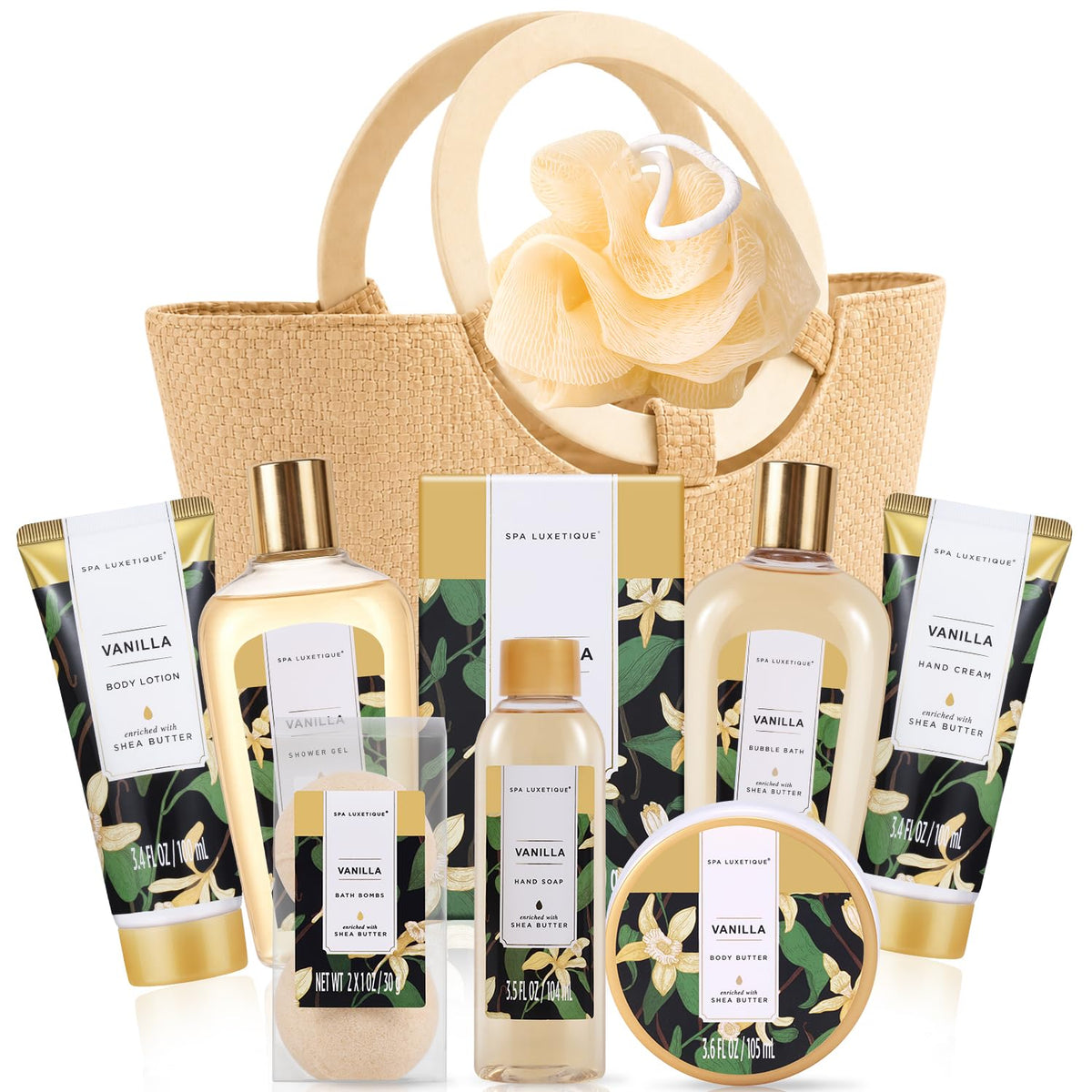 Vanilla 10Pc Gifts for Women Spa Gift Basket | Gift Sets for Women, Bath Sets, Spa Gift Basket for Women, Gifts for Her, Self Care Gift, Bridal Shower Gifts, Tote Bag